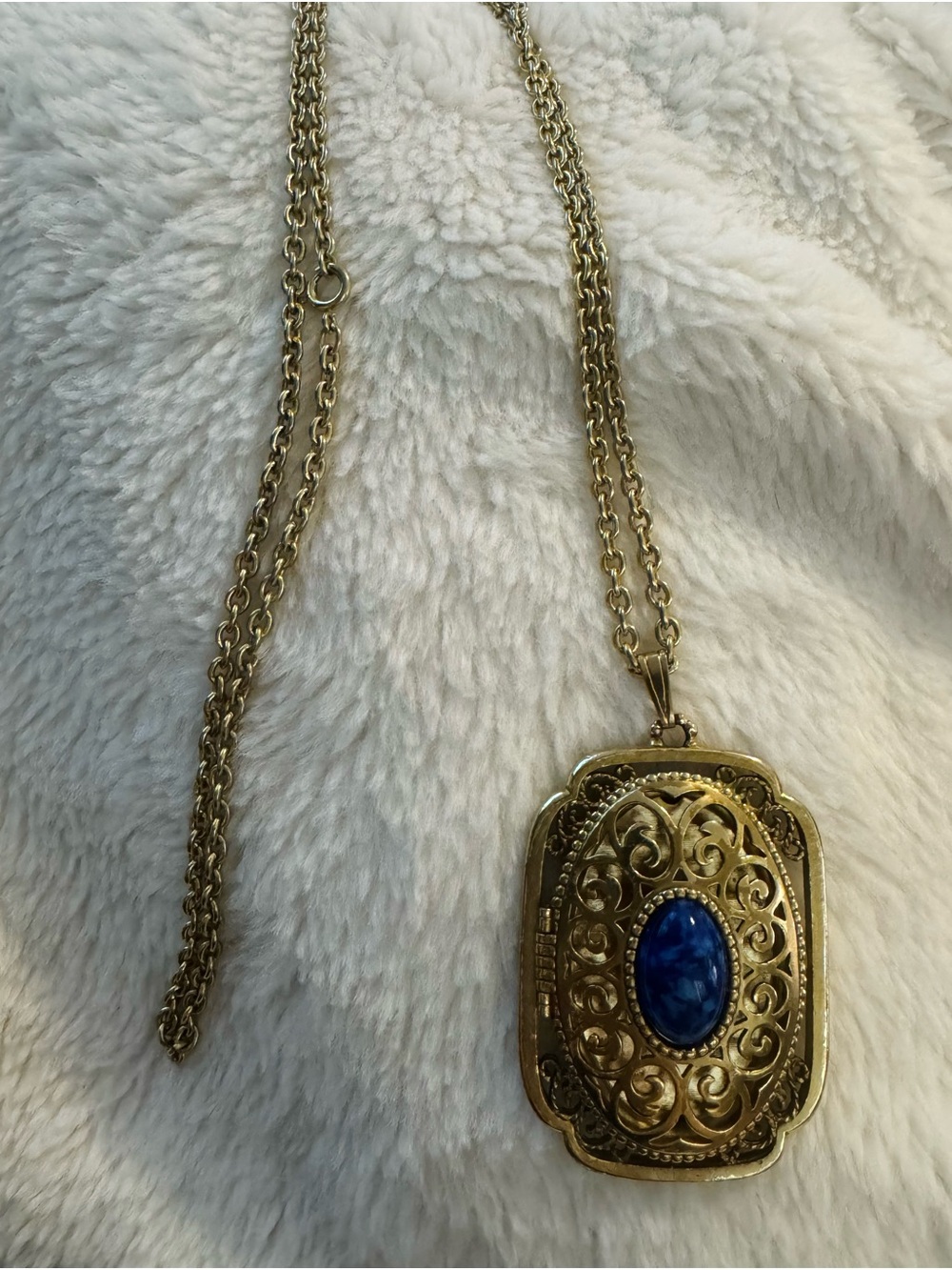 Vintage Avon Locket Necklace with Blue Stone Pendant
